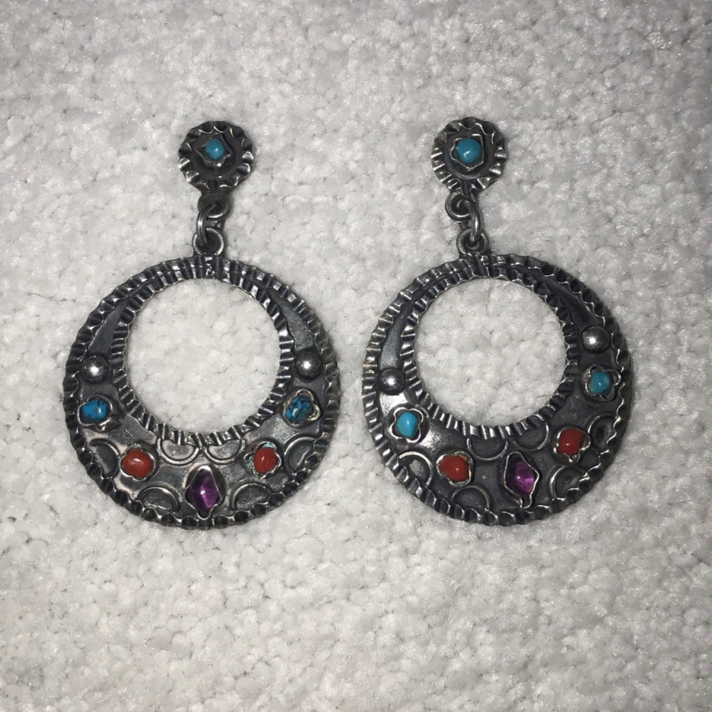 Western Hoop earrings sterling silver turquoise